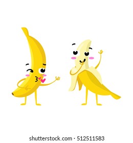 banana. Cute fruit vector character couple isolated on white background. Funny emoticons faces. Vector illustration. Vector clip art.