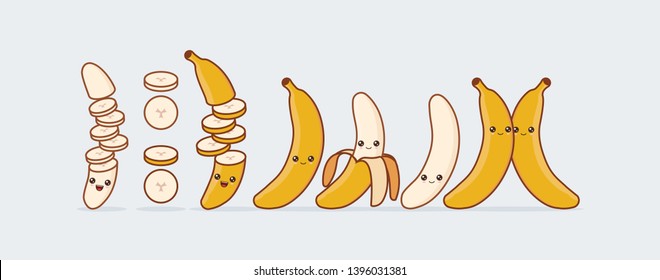 Banana cute kawaii mascot. Set of funny kawaii drawn fruit in the cut