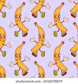 Banana, a cute retro cartoon character. Groovy vintage summer seamless pattern. Trendy old style. 1970s. Tropical exotic fruits. Healthy food. For menu, cafe, wallpaper. Veganuary.