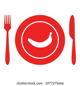 Banana and cutlery on white background