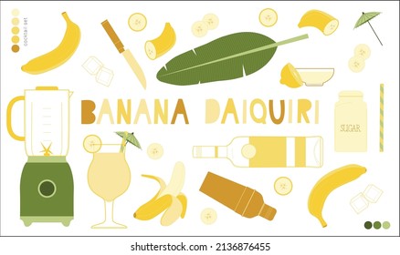 Banana Daiquiri cocktail vector illustrations set. Simple lines, soft colors. Minimal style. Stylized elements. Fun banana color palette.