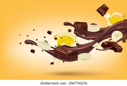 Banana delicious with chocolate liquid splashing flying. Dessert food appetizer isolated on yellow background. Realistic 3D vector illustration.