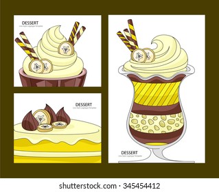 The banana dessert. Set of business cards, restaurant menus. Banana parfait. Banana cupcake and cake.
