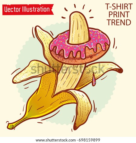 Banana and donut print, image for printing on T-shirts, club clothes, mobile cases, pajamas. Image for advertising condoms, medicines for male potency. Isolated Vector illustration on white background