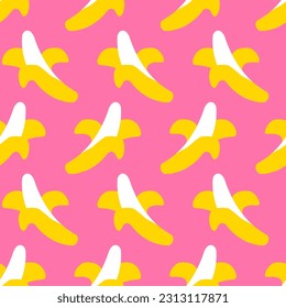 Banana doodle seamless pattern. Tropical fruit background, minimal childish print. Vector illustration isolated on pink backdrop