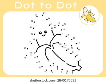 Banana dot to dot activity. Fruit connect the dots worksheet for kids. Kids learning material. colouring page