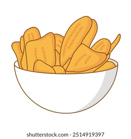 Banana dried fruit isolated on white background. Vector illustration of sweet dried banana in flat style. Icon of banana. Healthy snacks. Cartoon style. Banana chips