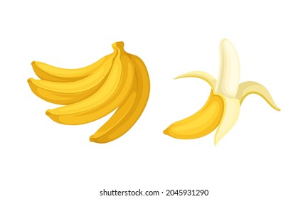 Banana as Elongated, Edible Fruit Covered with Yellow Rind Vector Set