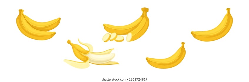 Banana as Elongated, Edible Fruit Covered with Yellow Rind Vector Set