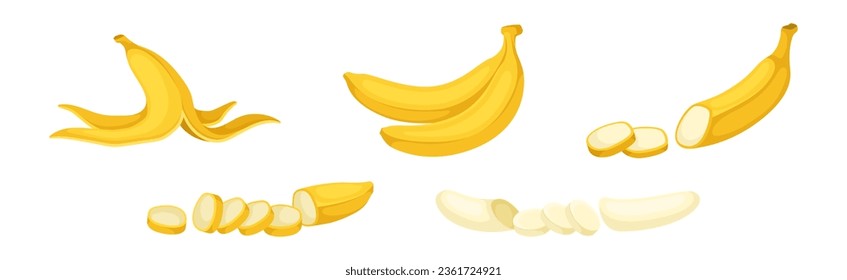 Banana as Elongated, Edible Fruit Covered with Yellow Rind Vector Set