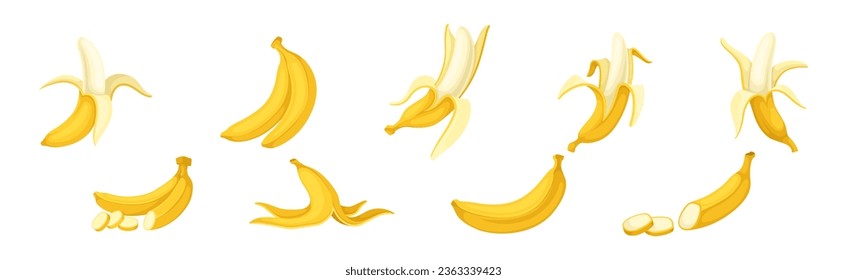 Banana as Elongated, Edible Fruit Covered with Yellow Rind Vector Set