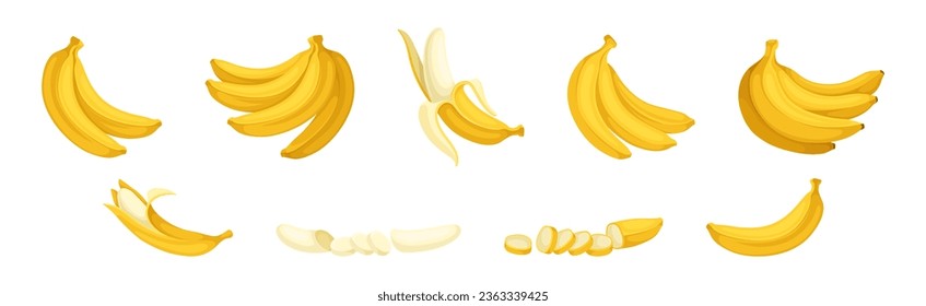 Banana as Elongated, Edible Fruit Covered with Yellow Rind Vector Set