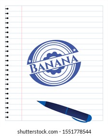 Banana emblem drawn with pen. Blue ink. Vector Illustration. Detailed.