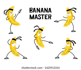 Banana is engaged in martial arts. Vector set of illustrations. Emotional fruits