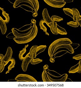 Banana engraving drawing. Seamless wallpaper pattern. Fruit and food themes. Good for wallpaper, textile, background, design.