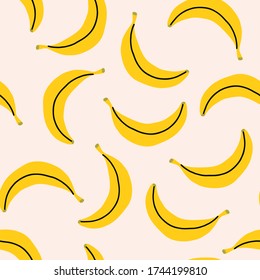 Banana exotic yellow fruit seamless pattern. Vector illustration of tropical food, whole vegetarian dessert endless texture. Background with ripe bananas in flat style, whole bananas doodles