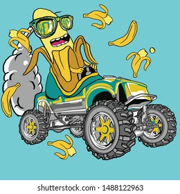 banana with face cartoon riding monster car vector isolated