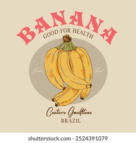 Banana farm artwork. Fresh peace fruit print. Organic food artwork for for t-shirt. Fruit vintage t-shirt design. Summer food poster design.