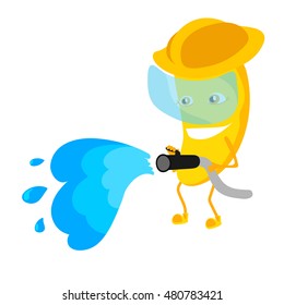The banana firefighter cartoon characters with the yellow helmet. In his hands he holds a water hoses.