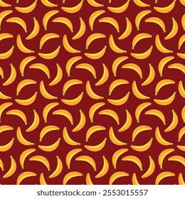 Banana flat seamless pattern on red background. Wrapping paper, gift card, poster, banner design. Home decor, modern textile print. Summer bright geometric fruits patterned.