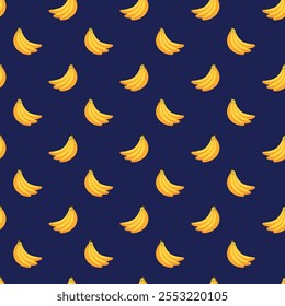 Banana padrão liso sem emenda no fundo azul. Papel de embrulho, cartão-presente, cartaz, design de banner. Decoração de casa, impressão têxtil moderna. Verão vermelho brilhante frutos geométricos padronizados.