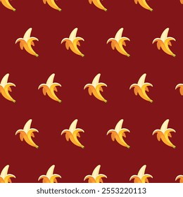 Plátano sin patrón plano sobre fondo rojo. Papel de regalo, Tarjeta de regalo, póster, diseño de Anuncio. Decoración del hogar, impresión textil moderna. Frutas geométricas brillantes de verano estampadas.