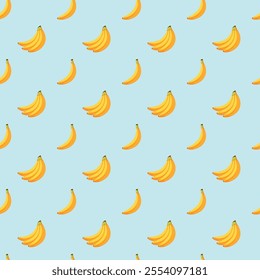 Banana flat seamless pattern on blue background. Wrapping paper, gift card, poster, banner design. Home decor, modern textile print. Summer bright geometric fruits patterned.