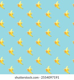Banana flat seamless pattern on blue background. Wrapping paper, gift card, poster, banner design. Home decor, modern textile print. Summer bright geometric fruits patterned.