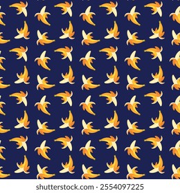 Banana flat seamless pattern on blue background. Wrapping paper, gift card, poster, banner design. Home decor, modern textile print. Summer bright geometric fruits patterned.