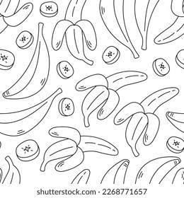 Banana flavor doodle seamless pattern. Hand drawn black and white organic banana taste food background, product packaging, wrapping paper, surface design. Line art vector illustration 