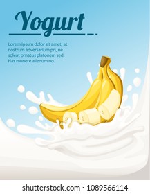 Banana flavored yogurt. Milk splashing and banana fruit. Yogurt ads in flat style. Vector illustration on light blue background. Place for your text.