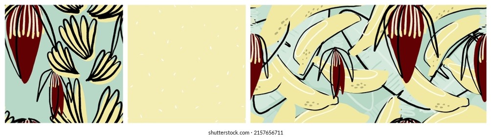 Patrón bananero floral sin costuras, con flores exóticas, fruta tropical y hojas abstractas gráficas. Tejidos de cocina en color amarillo, menta y caoba, diseño vectorial de fondo de embalaje de productos.