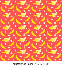Banana and flower seamless pattern on hot red background. Vector sketch style illustration. For poster, banner, promo, paper, textile. Stylish modern banana background. Hand drawn icon.