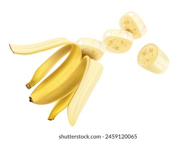 Banana flying with bananas slice of pieces Ads. Season sweet of tropical fruits. 3d realistic vector, Food concept design. of free space for your texts and branding.