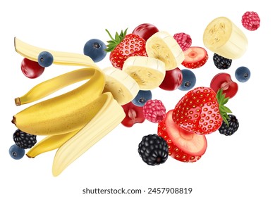 Banana flying with mixed berries Ads. Season sweet of tropical fruits. 3d realistic vector, Food concept design. of free space for your texts and branding.