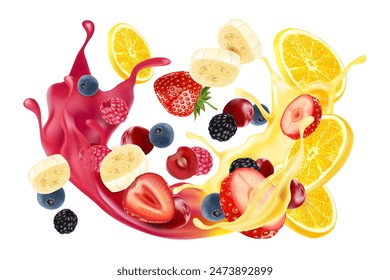 Bananenfliegen mit gemischten Beeren Anzeigen. Jahreszeit süß von tropischen Früchten. 3D-realistische Vektorgrafik, Food-Konzeption, freier Platz für Texte und Branding.