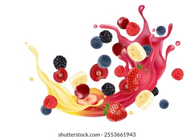 Banana flying with Mixed berries Ads. Season sweet of tropical fruits. 3d realistic vector, Food concept design. of free space for your texts and branding.