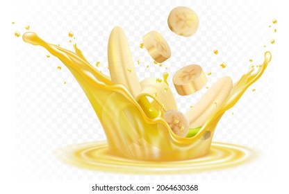 Banana fresh juice realistic illustration, isolated on white background. Liquid yellow drops from bannanas juice healthy fruits exotic desserts