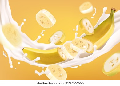 Banana with Fresh milk splash Ads. Season sweet of tropical fruits. 3d realistic vector, Food concept design. of free space for your texts and branding.