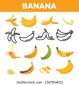 Banana Friut Icon Set Vector. Yellow Food Symbol. Silhouette Bunch. Tropical Nature Diet. Sweet Vegetarian Natural Sign. Eco Object. Line, Flat Illustration