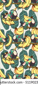 Banana Fruit bird toucan Tropical seamless vector Pattern