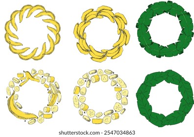 Banana fruit border round circle frame set. Vector Graphic cartoon illustration isolated on transparent background. Bananas pictures for labels, prints, banners, tropical wedding invitation
