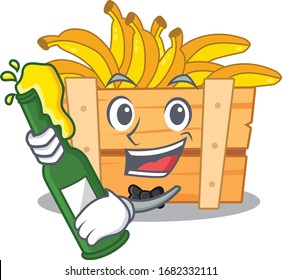 banana fruit box with bottle of beer mascot cartoon style