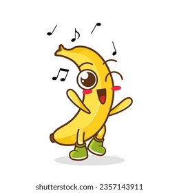 banana Fruit cartoon mascot character Listening music. Cute banana cartoon character dances to music