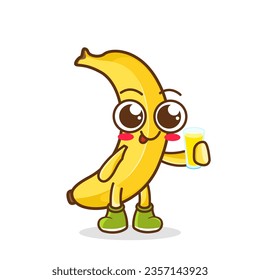 banana Fruit Cartoon Mascot Character Presenting And Holding Up A Glass Of Juice. Cute banana cartoon character holding a glass with juice.