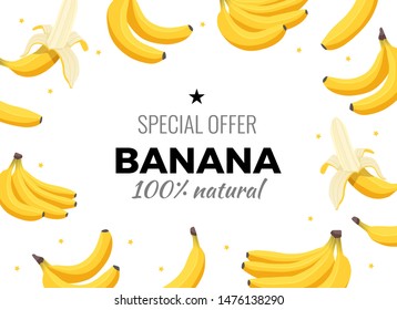 Banana fruit design concept with place for your text. Template for invitation, banner, card, poster, flyer. Vector illustration in flat cartoon style. Healthy diet menu