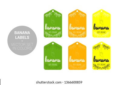 Banana fruit Eco labels vector set in green, yellow colors. Cartoon Advertising hundred percent organic Stickers. Tropical fruit Badges with Hand drawn banana and little leaves ready for web and Print