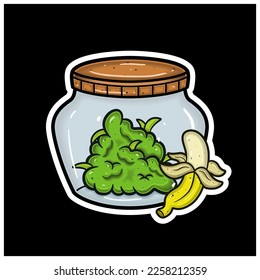 Banana Fruit Flavor With Cartoon Mascot of Weed Bud On Jar. For Sticker and label. Vector and Illustration.