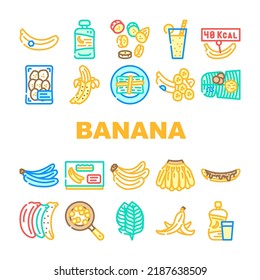 banana fruit food yellow white icons set vector. peel bunch, ripe fresh sweet, tropical healthy, green organic raw snack slice, delicious banana fruit food yellow white color line illustrations
