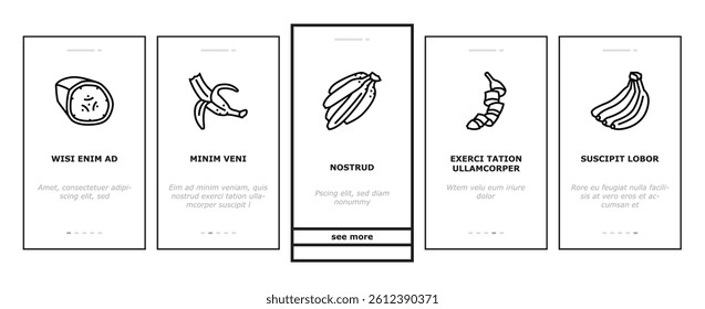 banana fruit food yellow white onboarding mobile vector. peel bunch, ripe fresh sweet, tropical healthy, green organic raw snack slice, delicious banana fruit food yellow white line illustrations